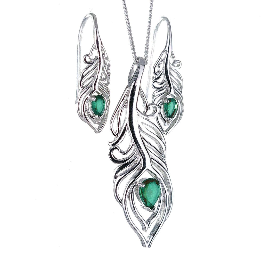 Sterling Silver Onyx Green Set Peacock Feather May Birthstone