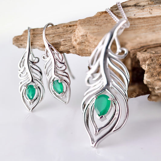 Sterling Silver Onyx Green Set Peacock Feather May Birthstone