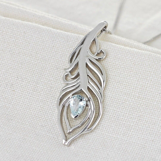 Aquamarine Necklace Peacock Feather Pendant Sterling Silver March Birthstone