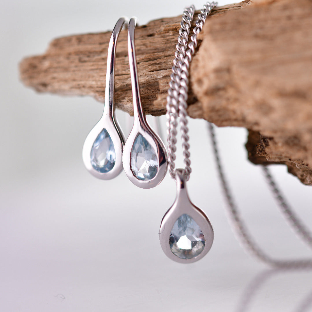 aquamarine necklace earring set pear pendant sterling silver march birthstone designed in the UK