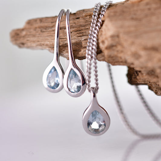 Aquamarine Necklace Earring Set Pear Pendant Sterling Silver March Birthstone