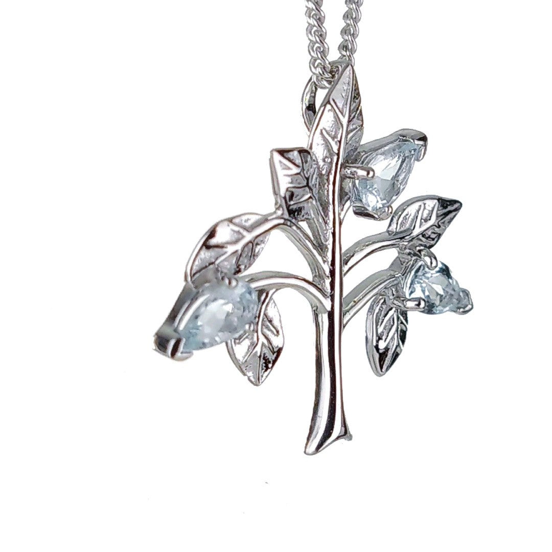 Aquamarine Necklace Tree of Life Pendant Sterling Silver March Birthday Boxed Gift