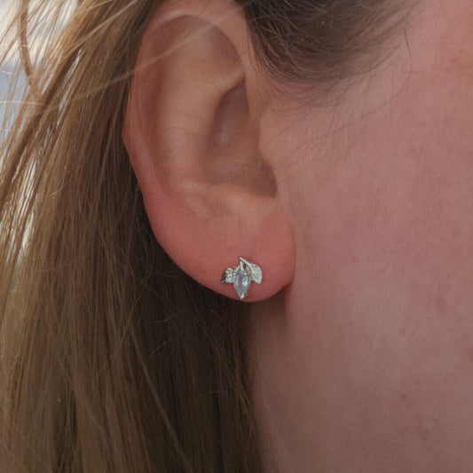 Aquamarine Earrings Leaf Studs Sterling Silver March Birthday Boxed Gift