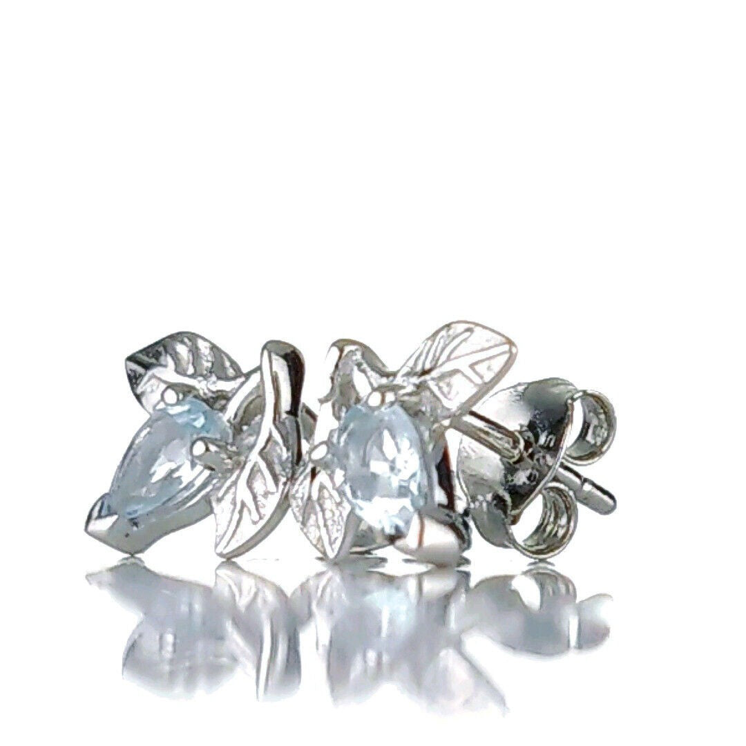 Aquamarine Earrings Leaf Studs Sterling Silver March Birthday Boxed Gift