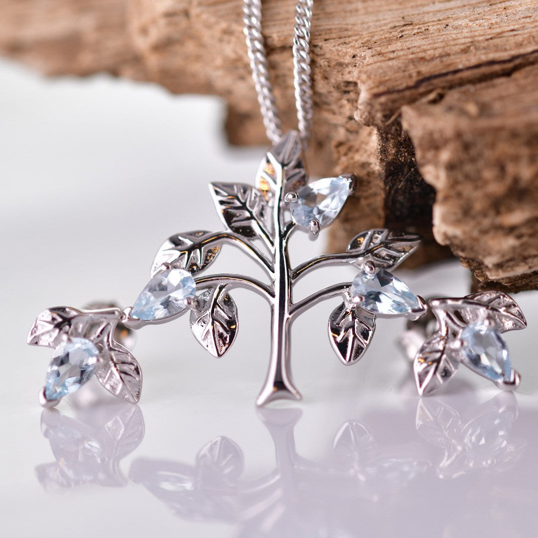 Aquamarine Necklace Earring Set Tree of Life Sterling Silver March Birthday Gift