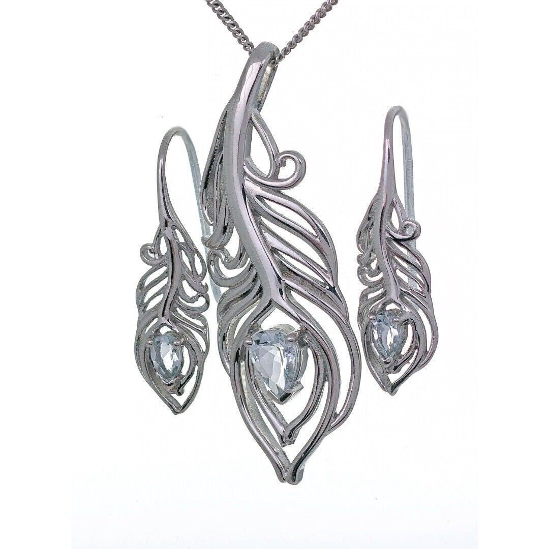 Aquamarine Peacock Feather Jewellery Set in Sterling Silver