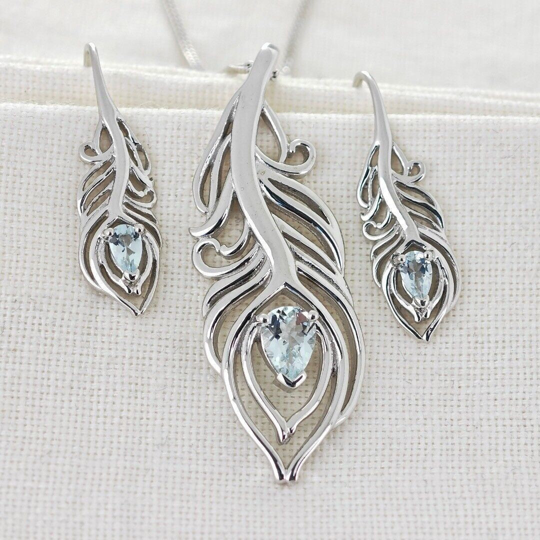 Aquamarine Peacock Feather Jewellery Set in Sterling Silver