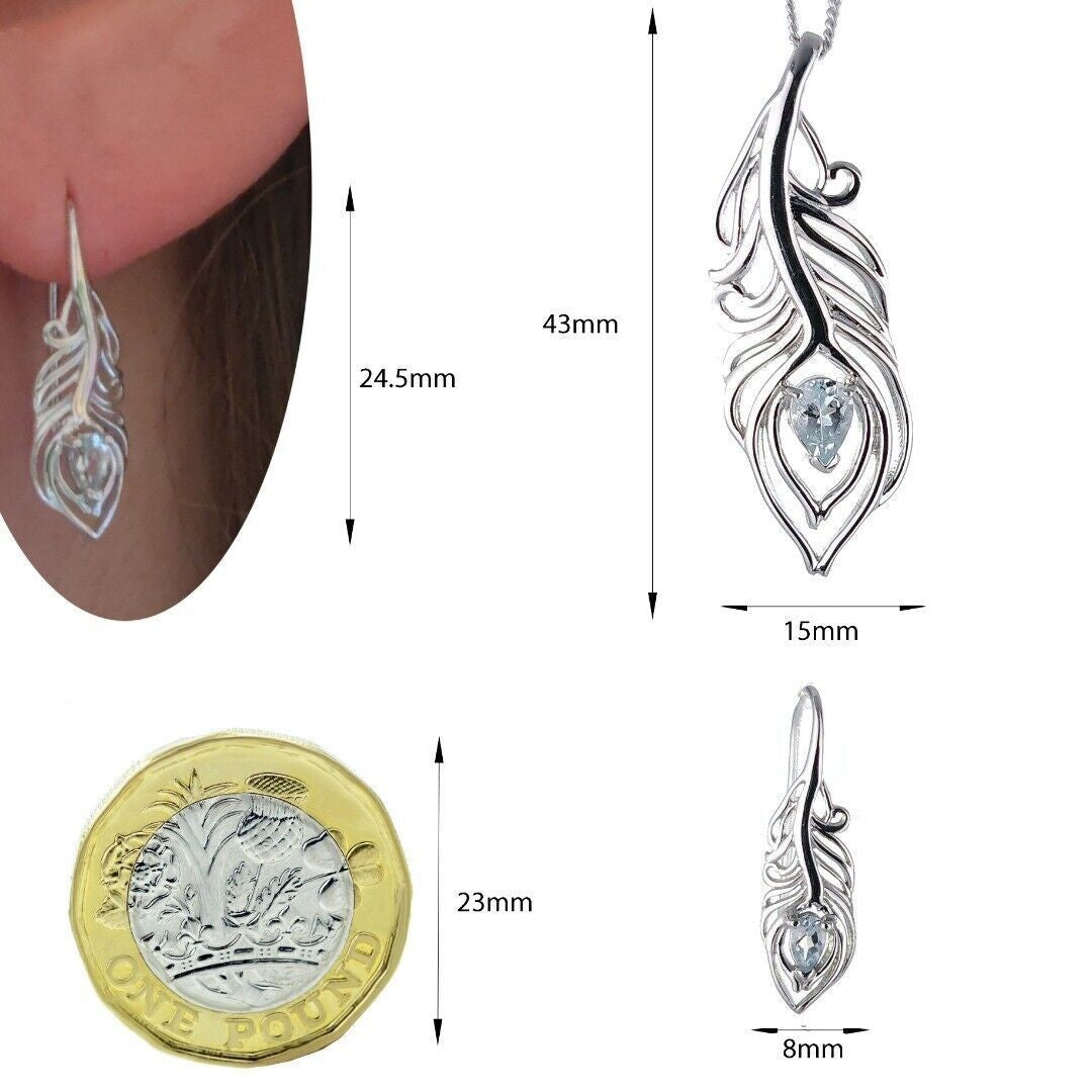 Aquamarine Peacock Feather Jewellery Set in Sterling Silver