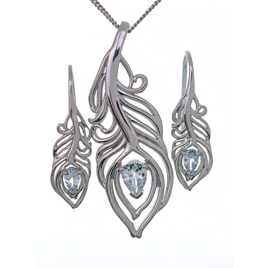 Aquamarine Peacock Feather Jewellery Set in Sterling Silver