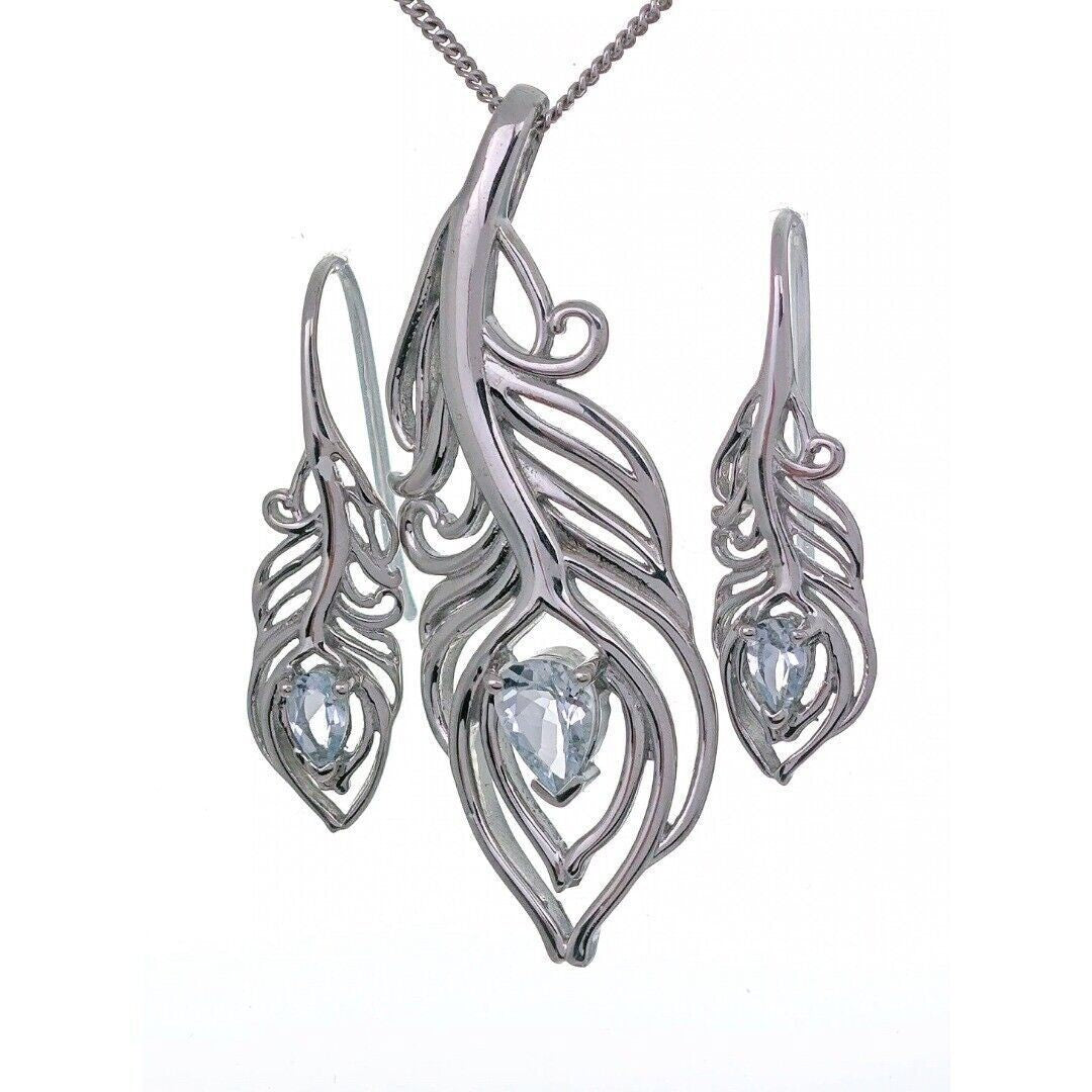 Aquamarine Peacock Feather Jewellery Set in Sterling Silver