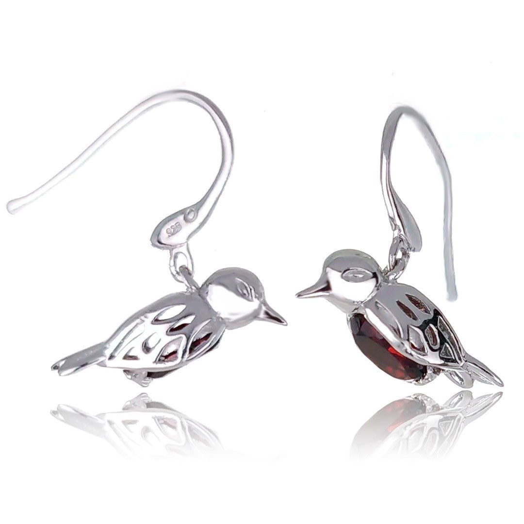Robin Red Breast Earrings Sterling Silver Real Garnet Dangle Personalised Christmas Gift January Birthstone
