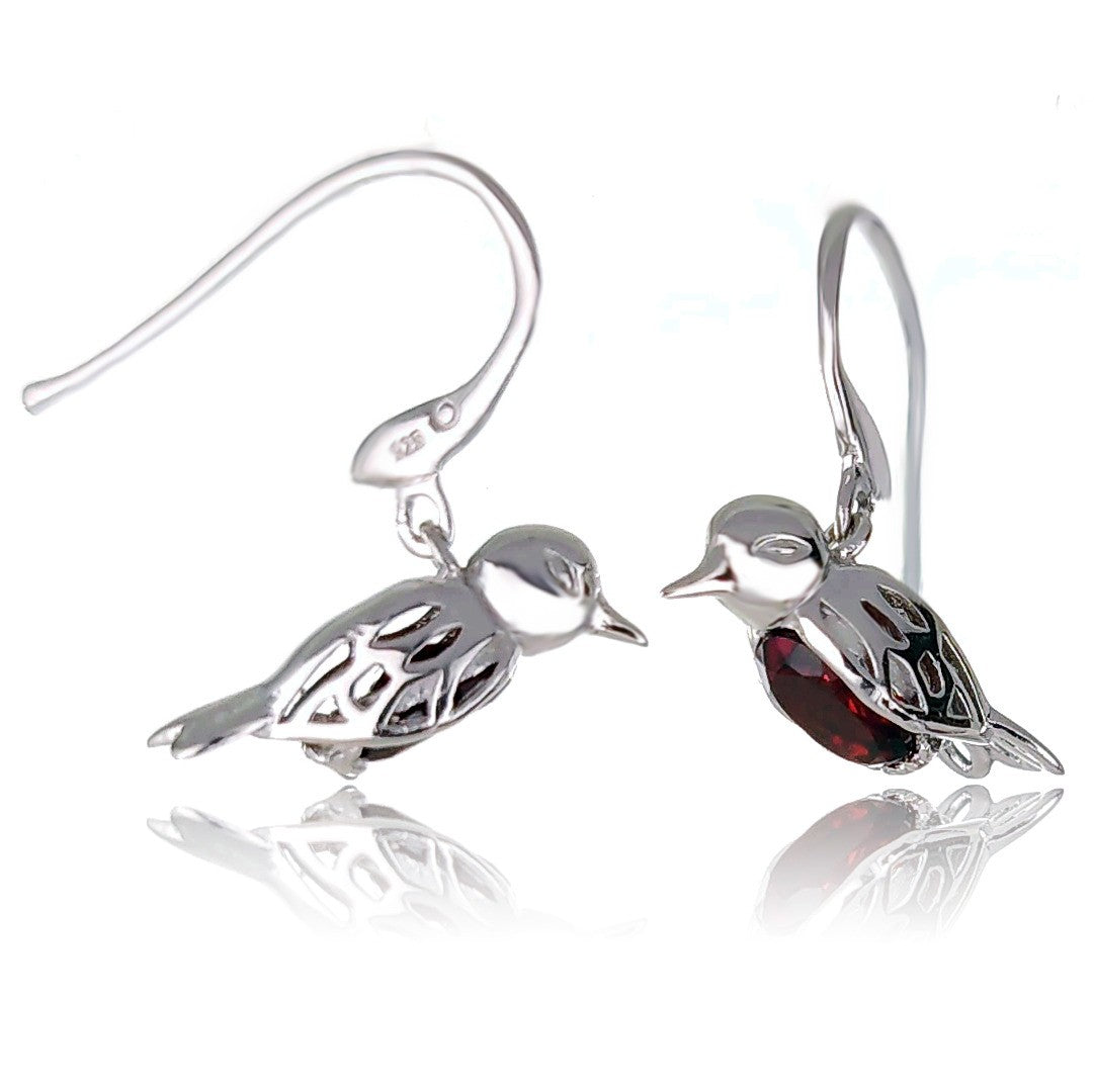 Garnet Robin Red Breast Earrings in Sterling Silver