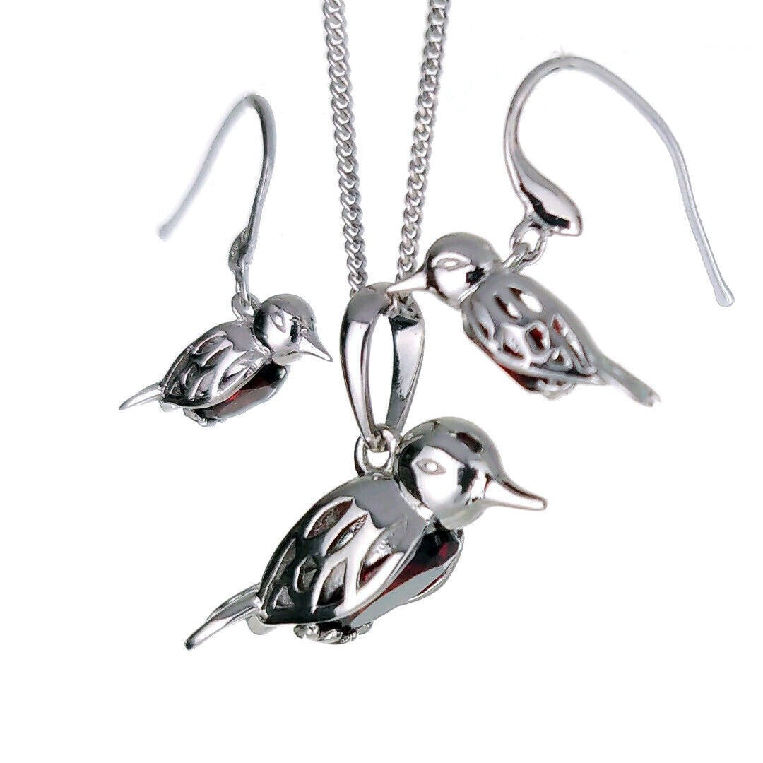 Garnet Robin Red Breast Jewellery Set in Sterling Silver