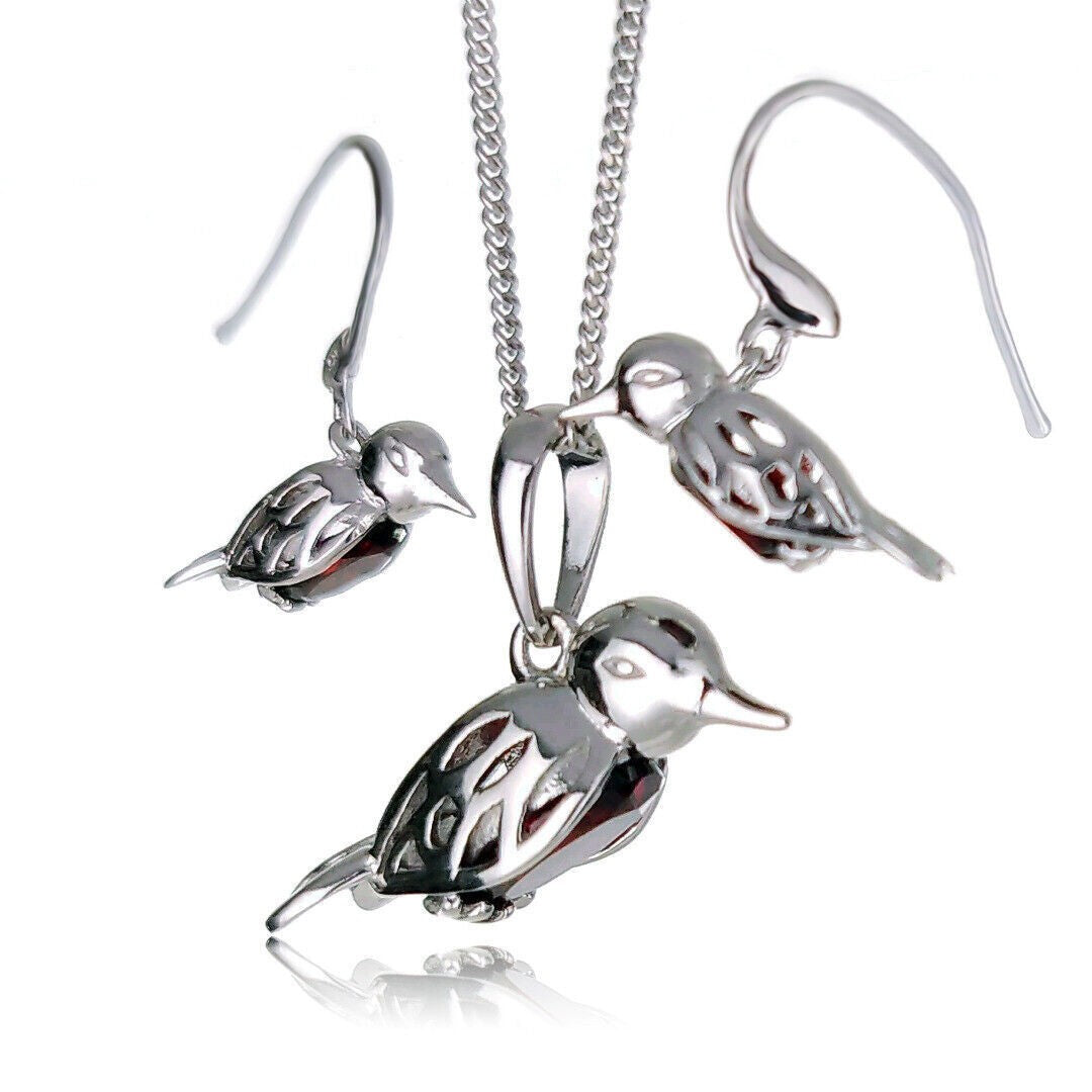 robin necklace earring set sterling silver real garnet personalised christmas gift january birthstone designed in the UK
