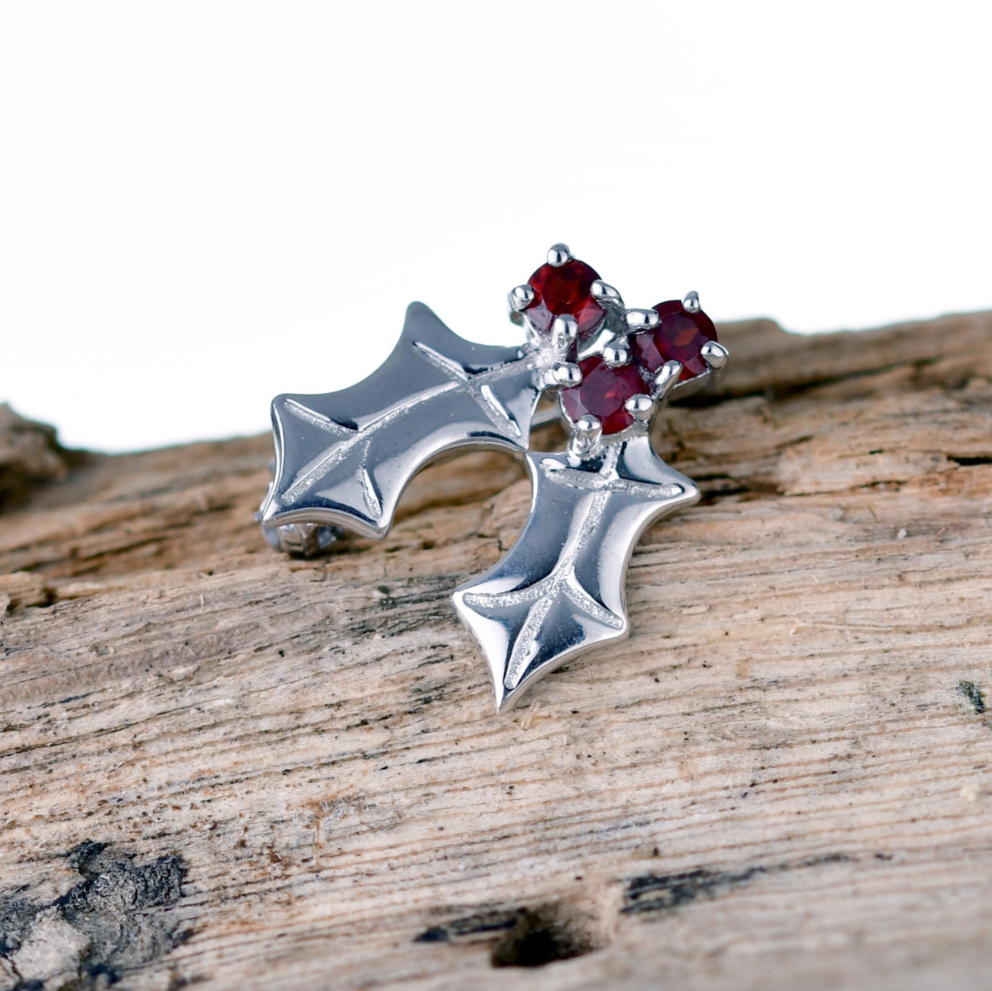Holly Garnet Brooch Sterling Silver SMALL Natural Red Stones