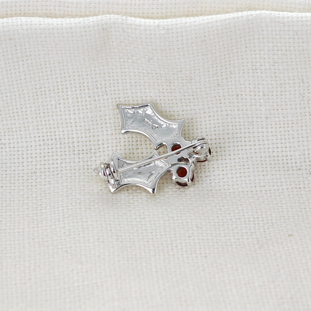 Garnet Holly Brooch in Sterling Silver