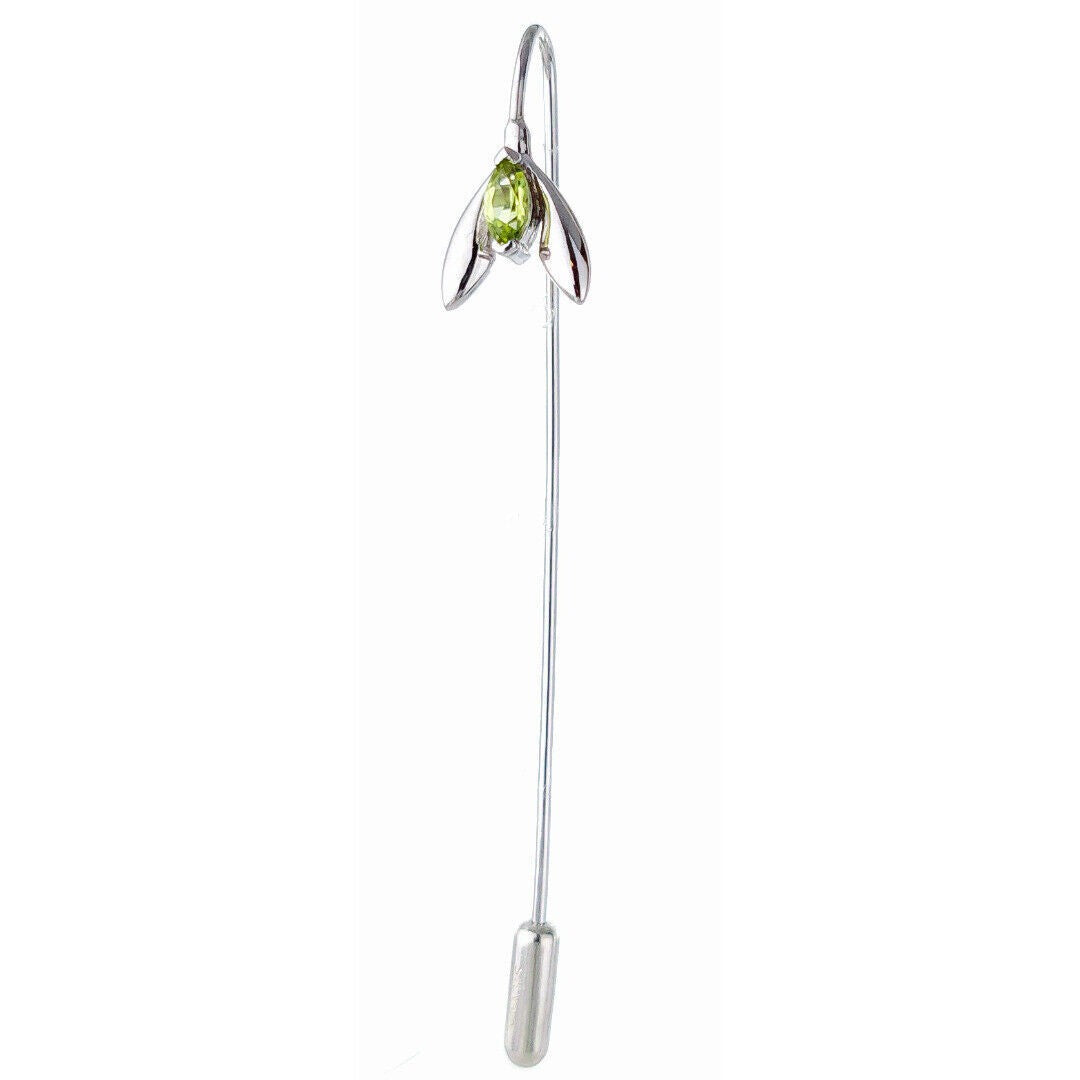 peridot snowdrop tie or lapel stick pin sterling silver designed in the UK