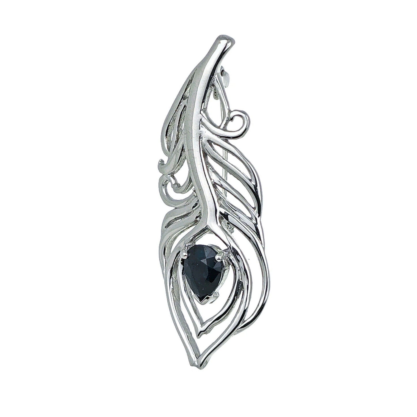 Sapphire Sterling Silver Brooch Peacock Feather Inky Blue Gift Boxed