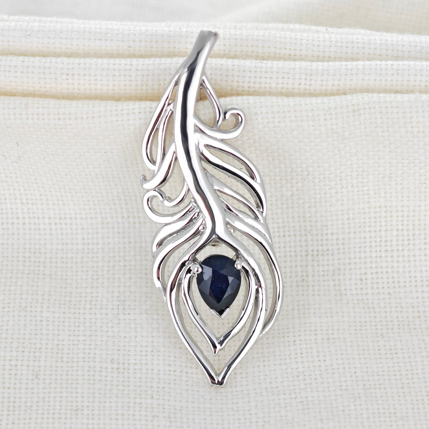 Sapphire Sterling Silver Brooch Peacock Feather Inky Blue Gift Boxed