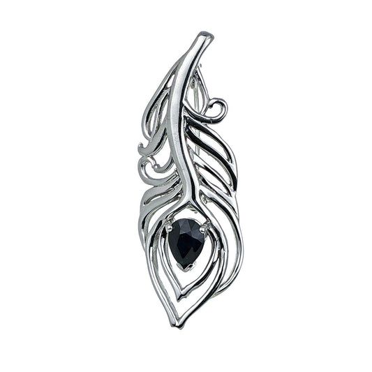 Sapphire Sterling Silver Brooch Peacock Feather Inky Blue Gift Boxed