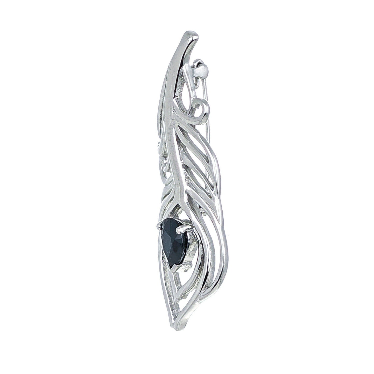Sapphire Sterling Silver Brooch Peacock Feather Inky Blue Gift Boxed