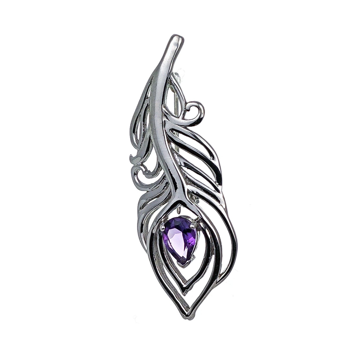 Amethyst Sterling Silver Brooch 0.61ct Peacock Feather February Birthstone