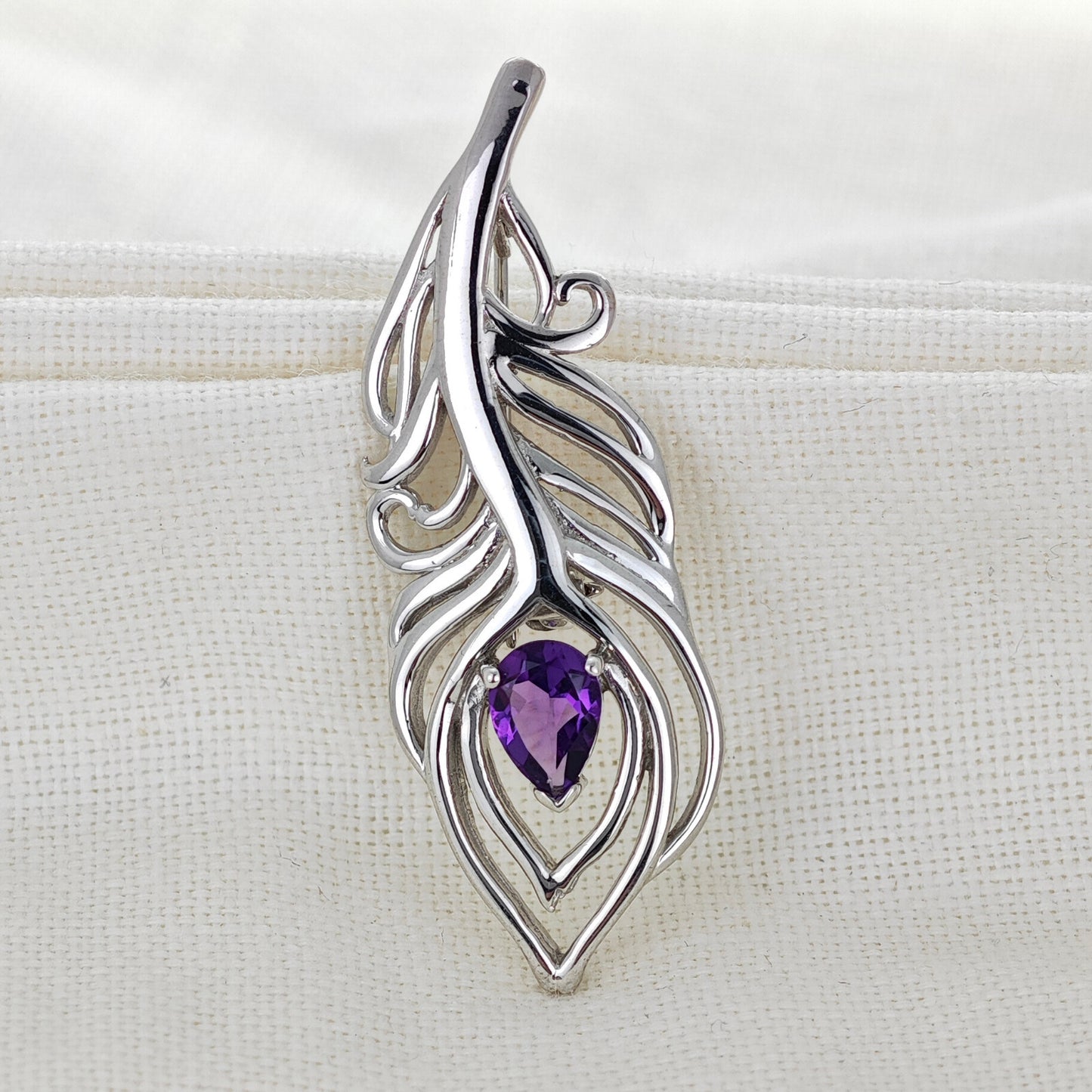Amethyst Sterling Silver Brooch 0.61ct Peacock Feather February Birthstone