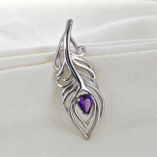 Amethyst Sterling Silver Brooch 0.61ct Peacock Feather February Birthstone