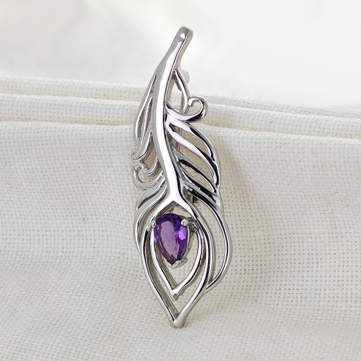Amethyst Sterling Silver Brooch 0.61ct Peacock Feather February Birthstone