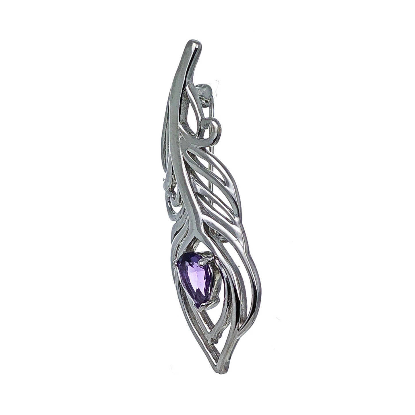 Amethyst Sterling Silver Brooch 0.61ct Peacock Feather February Birthstone