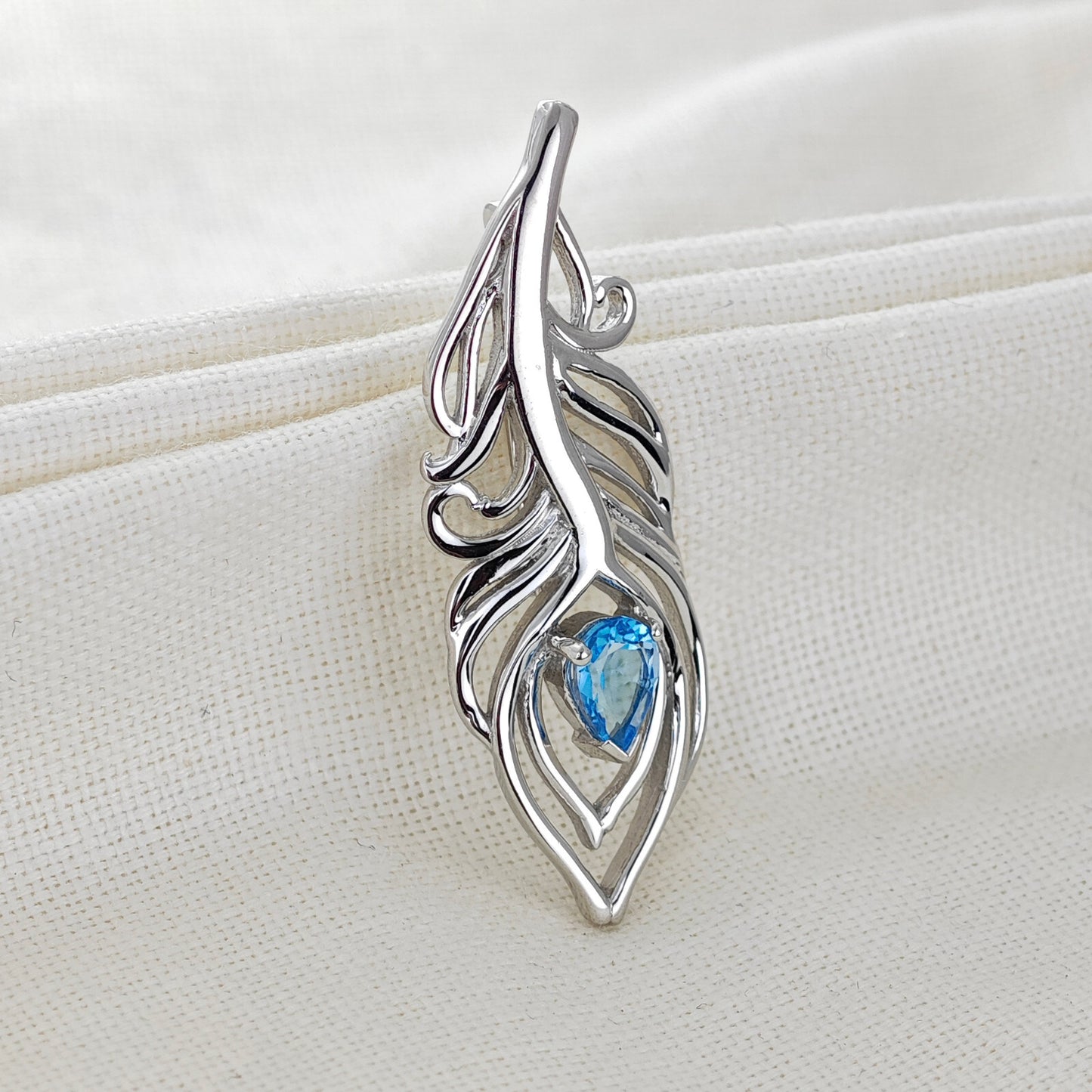 Blue Topaz Sterling Silver Brooch 0.77ct Peacock Feather December Birthstone