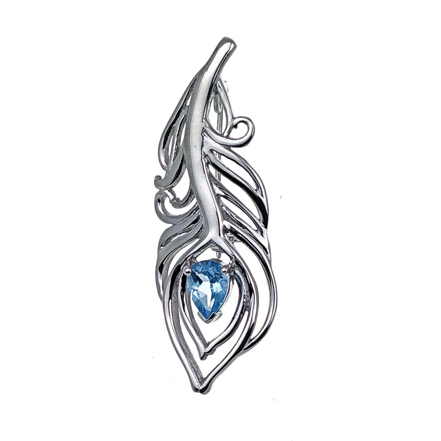 Blue Topaz Sterling Silver Brooch 0.77ct Peacock Feather December Birthstone
