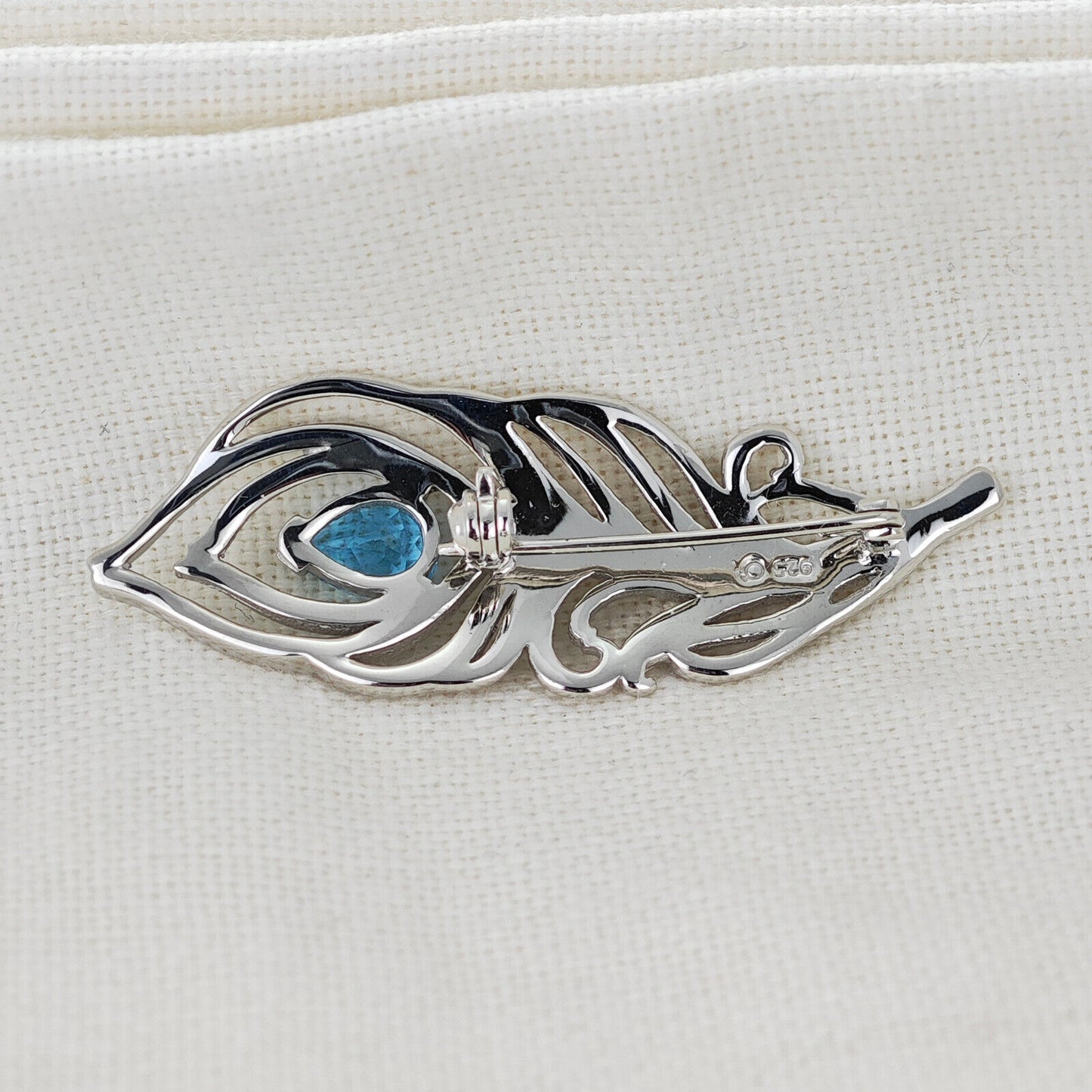 Blue Topaz Sterling Silver Brooch 0.77ct Peacock Feather December Birthstone
