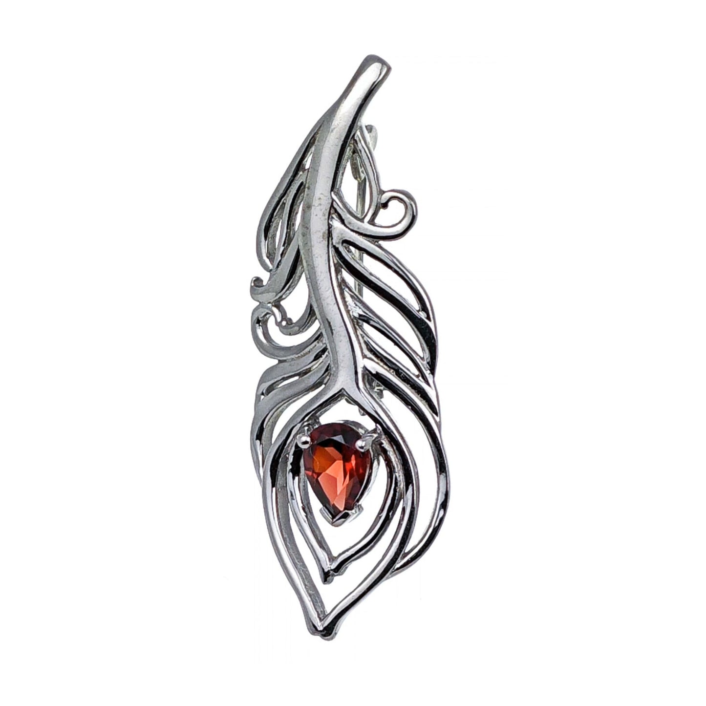 Garnet Sterling Silver Brooch Red 0.81ct Peacock Feather January Birthstone