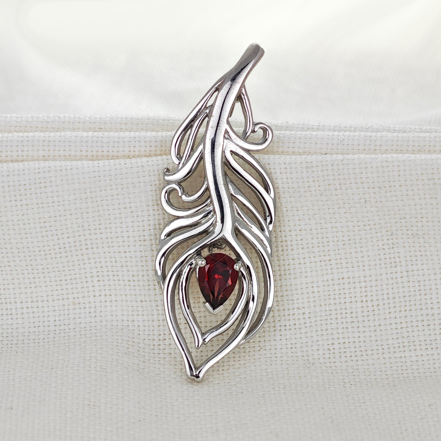 Garnet Sterling Silver Brooch Red 0.81ct Peacock Feather January Birthstone