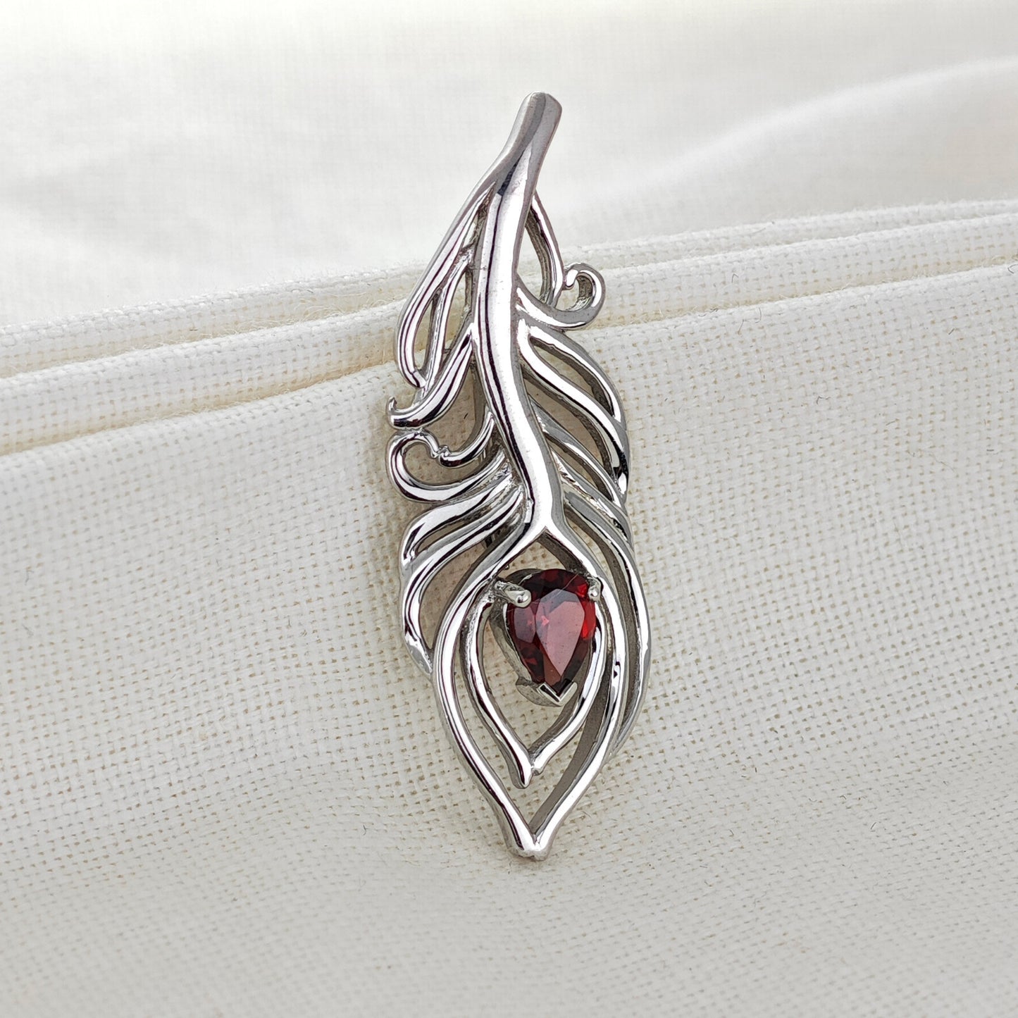 Garnet Sterling Silver Brooch Red 0.81ct Peacock Feather January Birthstone
