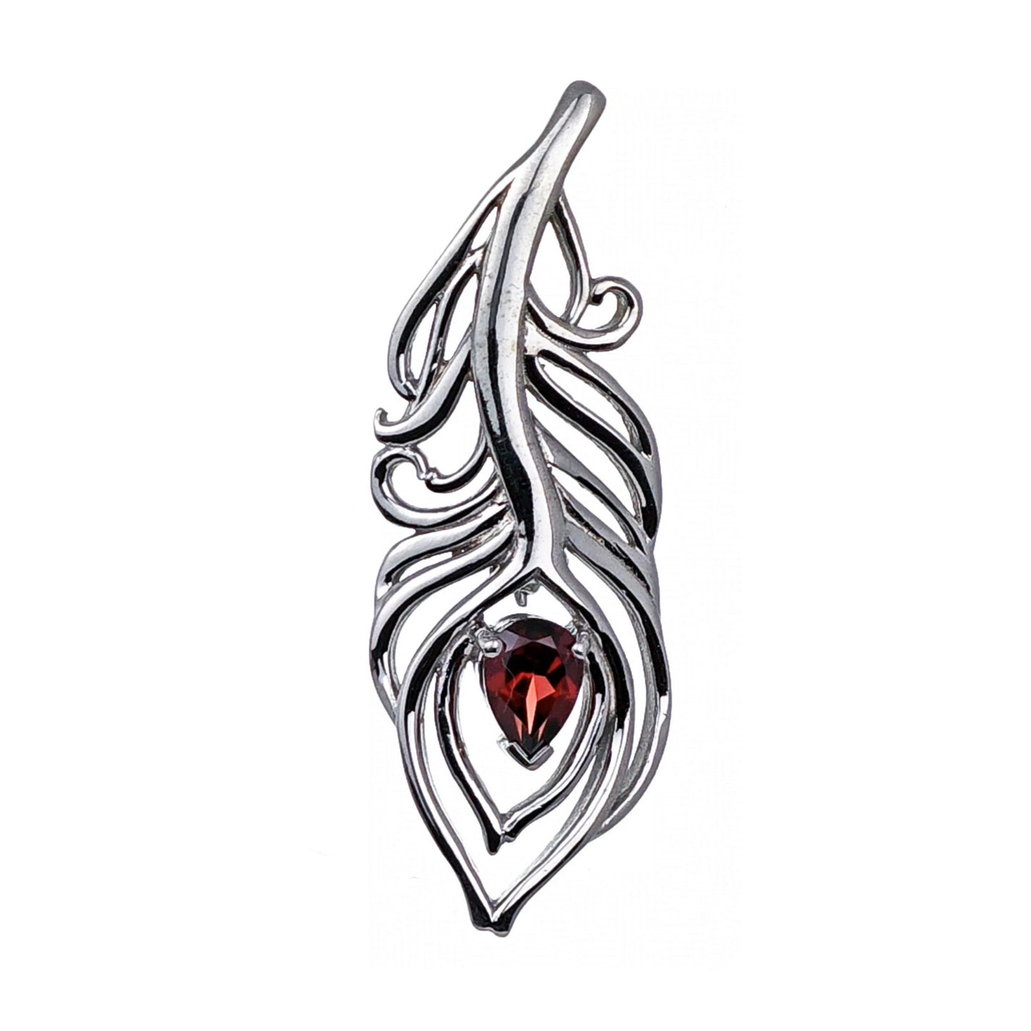 Garnet Sterling Silver Brooch Red 0.81ct Peacock Feather January Birthstone