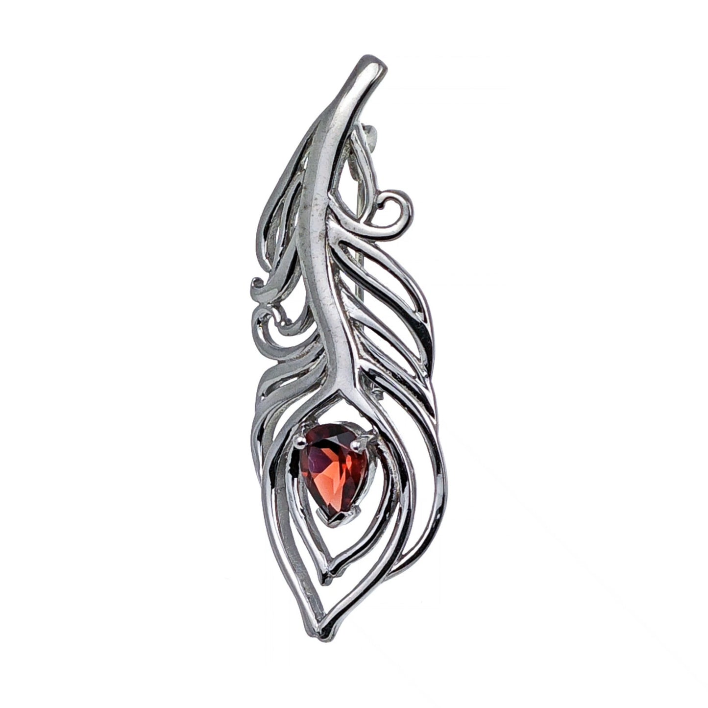 Garnet Sterling Silver Brooch Red 0.81ct Peacock Feather January Birthstone