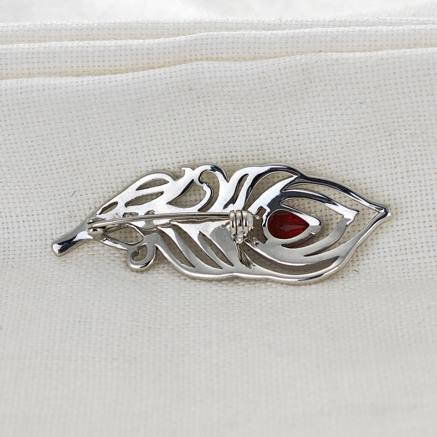 Garnet Sterling Silver Brooch Red 0.81ct Peacock Feather January Birthstone