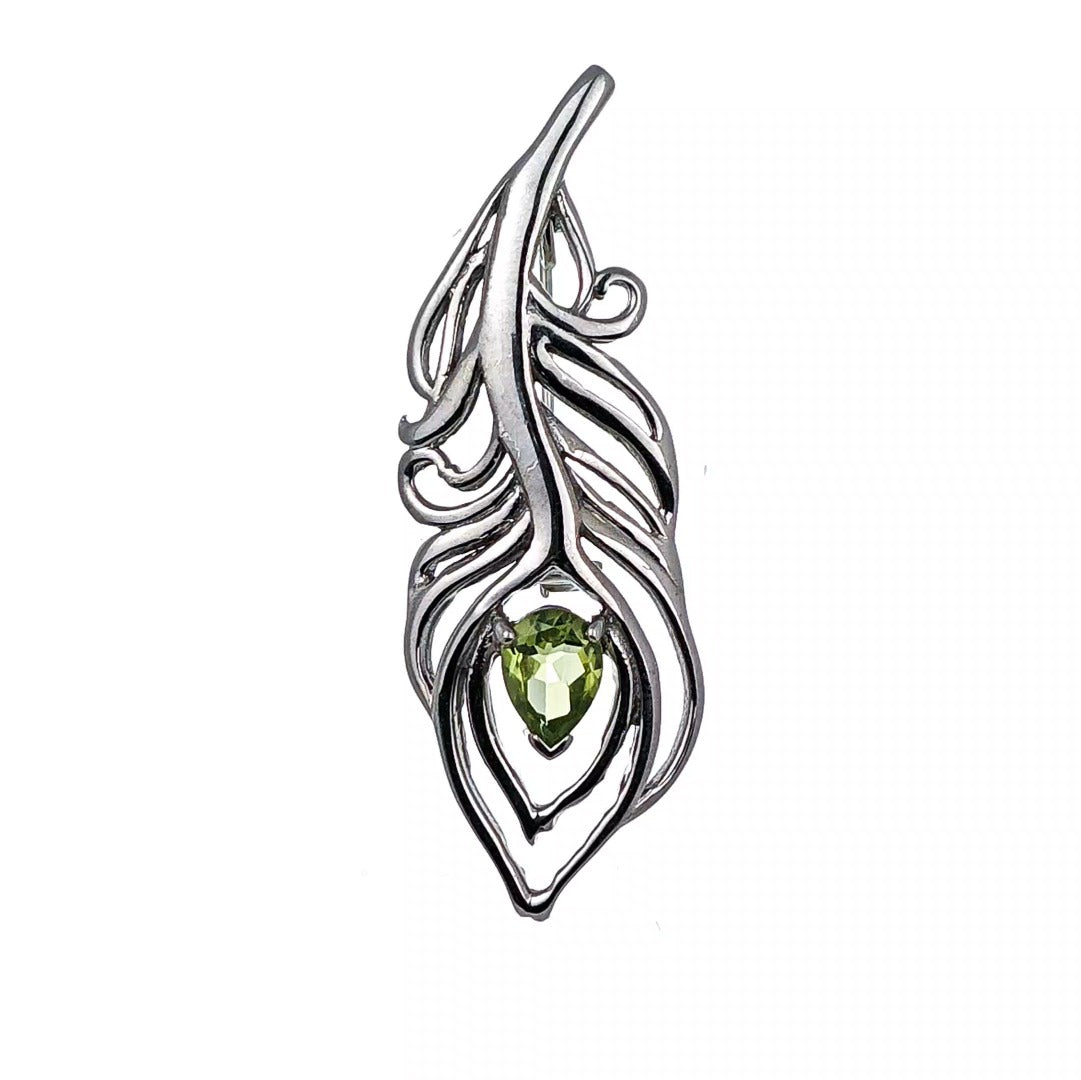 peridot sterling silver brooch peacock feather boxed gift designed in the UK