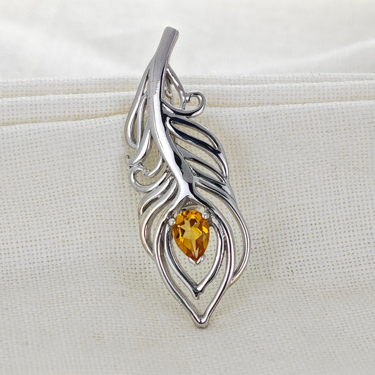 Citrine Sterling Silver Brooch 0.65ct Yellow Peacock Feather
