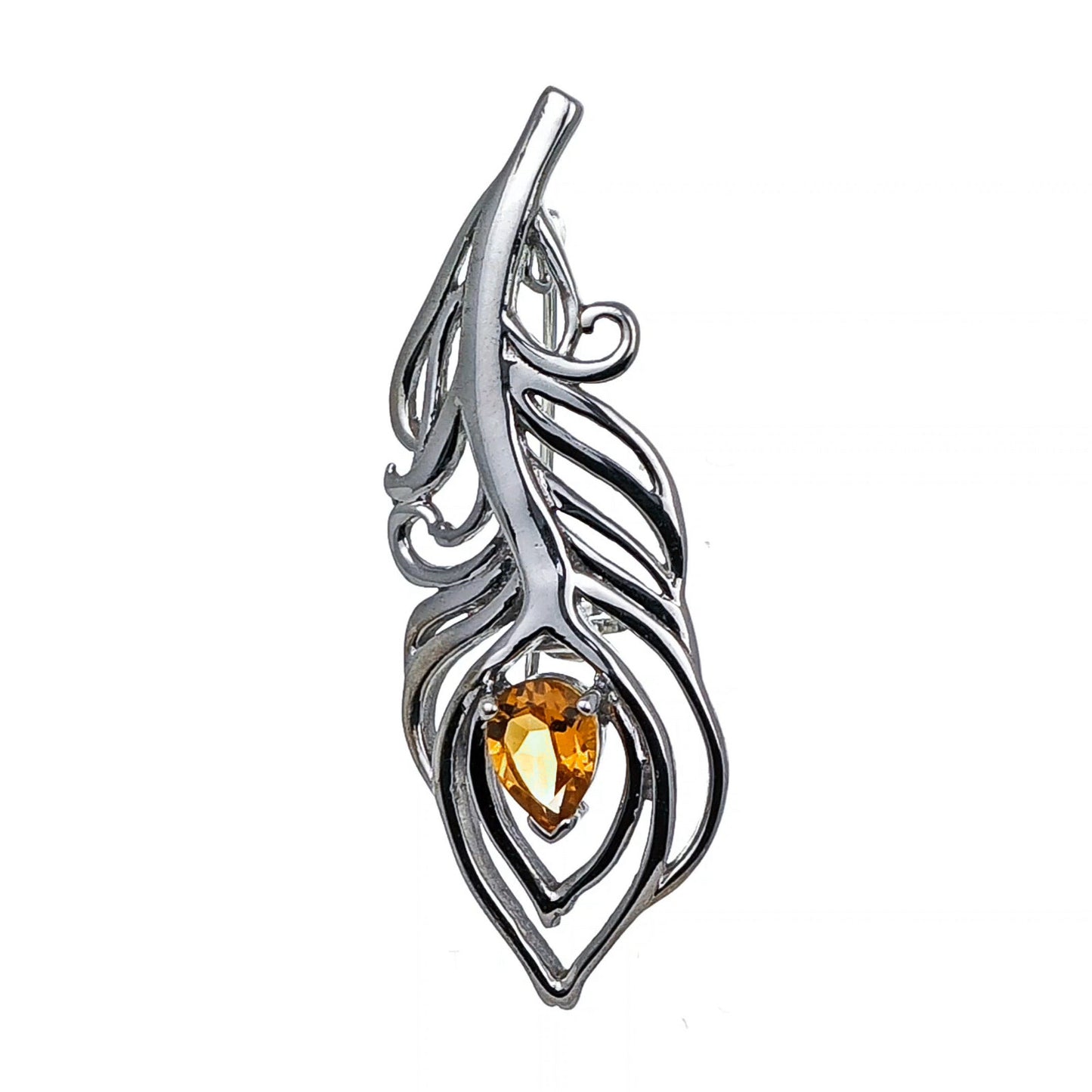 Citrine Sterling Silver Brooch 0.65ct Yellow Peacock Feather