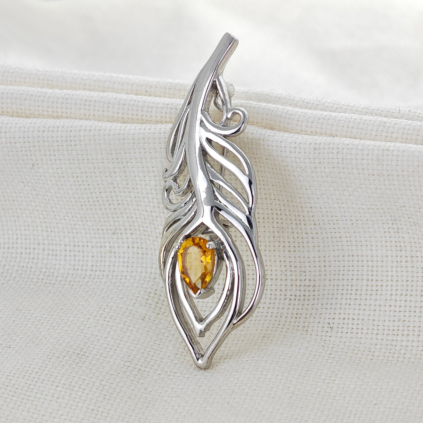 Citrine Sterling Silver Brooch 0.65ct Yellow Peacock Feather