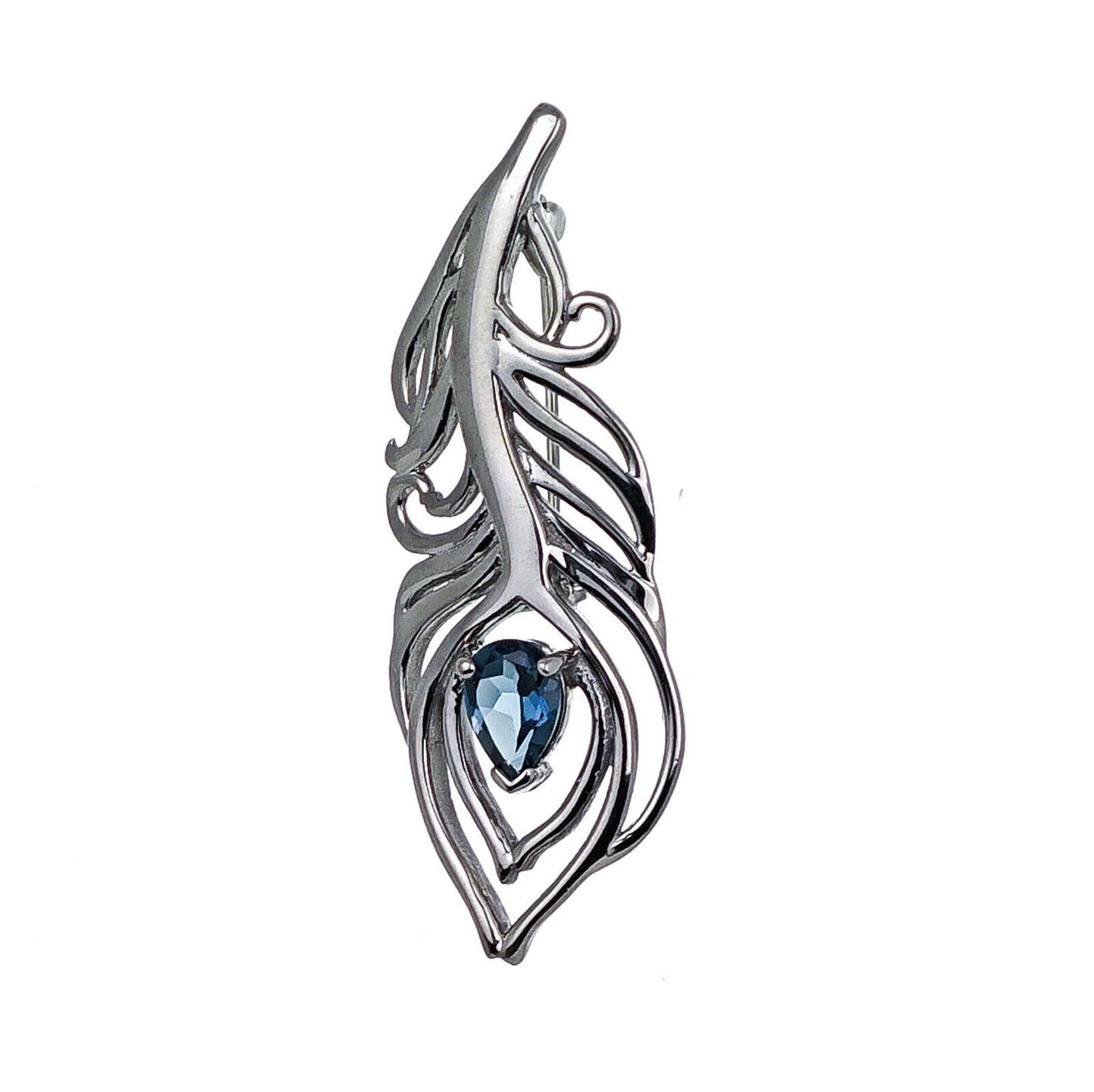 London Blue Topaz 0.77ct Sterling Silver Brooch Peacock Feather