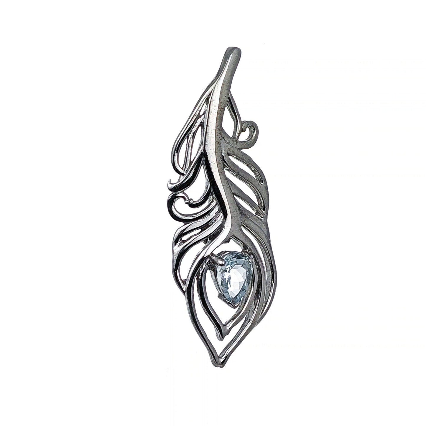 Aquamarine Sterling Silver Brooch Peacock Feather Boxed Gift