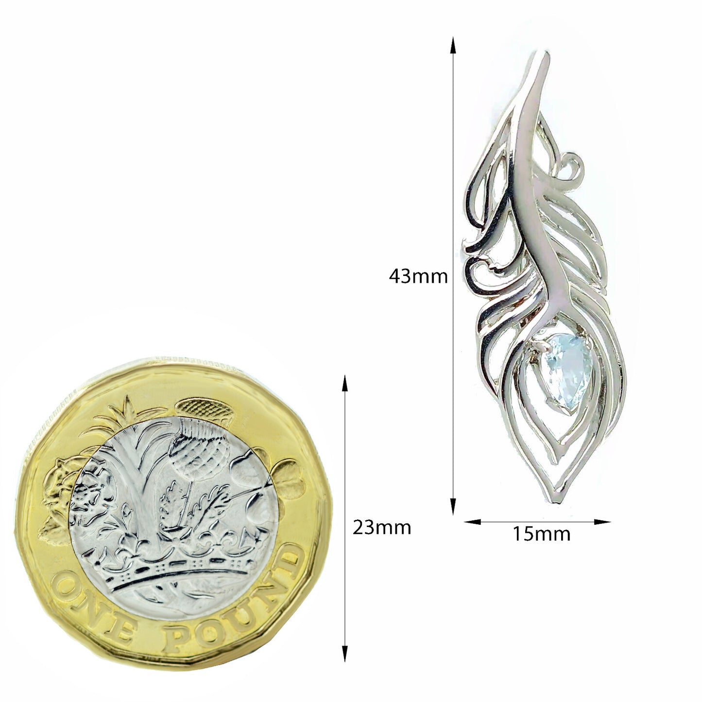 Aquamarine Sterling Silver Brooch Peacock Feather Boxed Gift