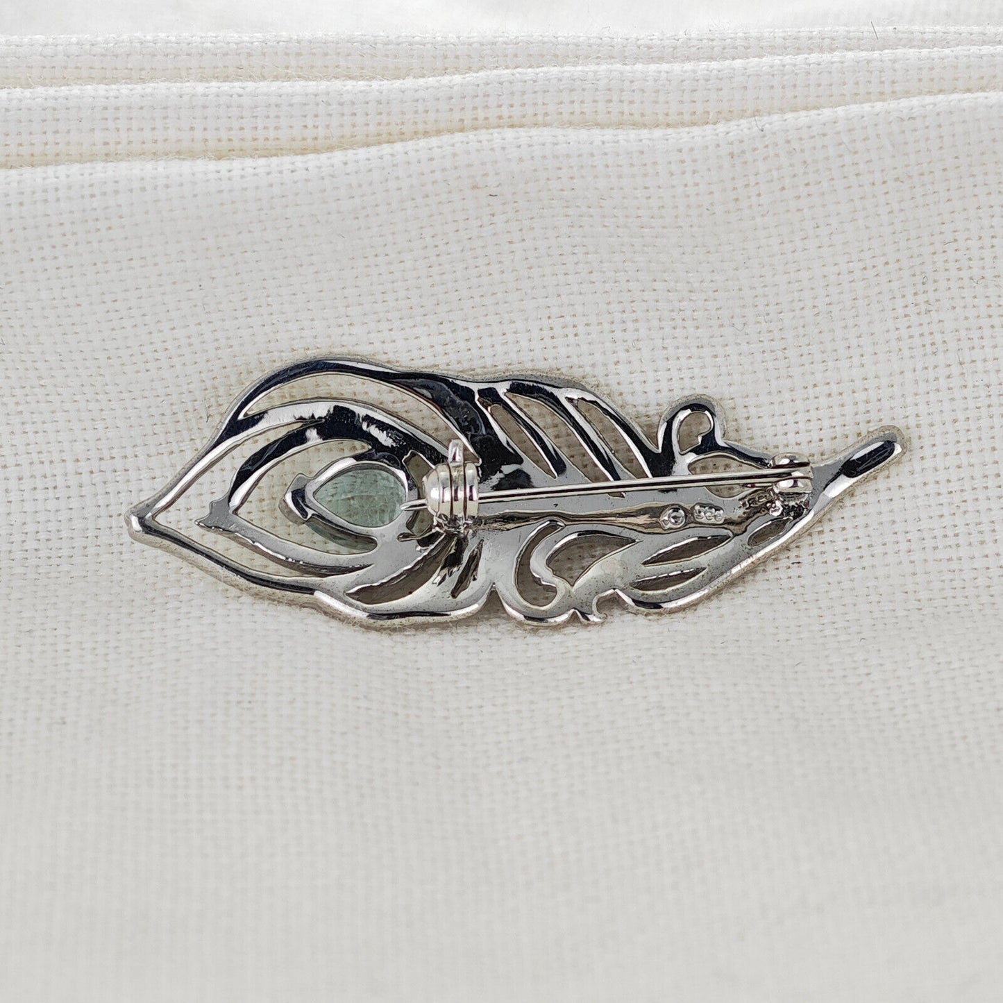 Aquamarine Sterling Silver Brooch Peacock Feather Boxed Gift