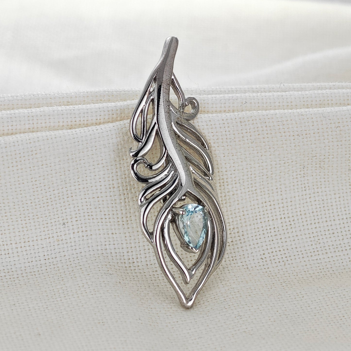 Aquamarine Sterling Silver Brooch Peacock Feather Boxed Gift
