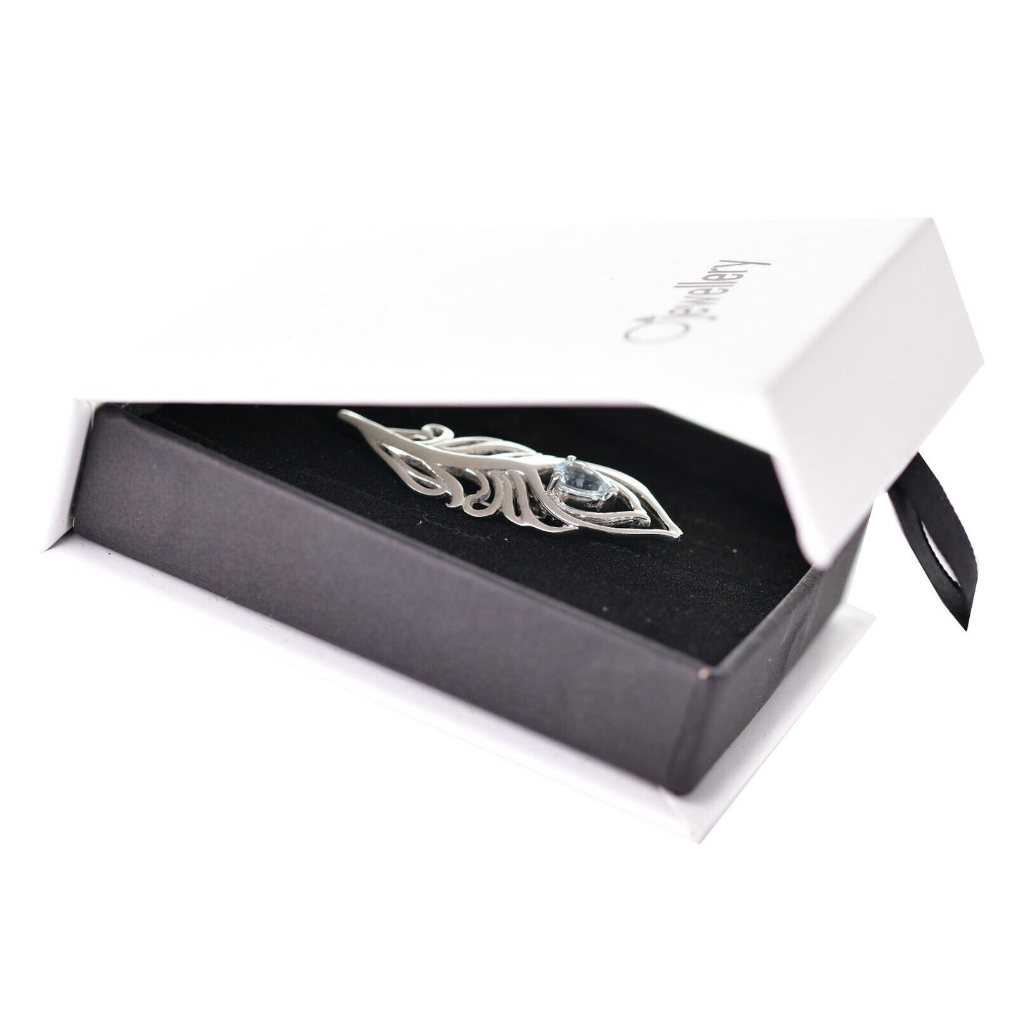 Aquamarine Sterling Silver Brooch Peacock Feather Boxed Gift