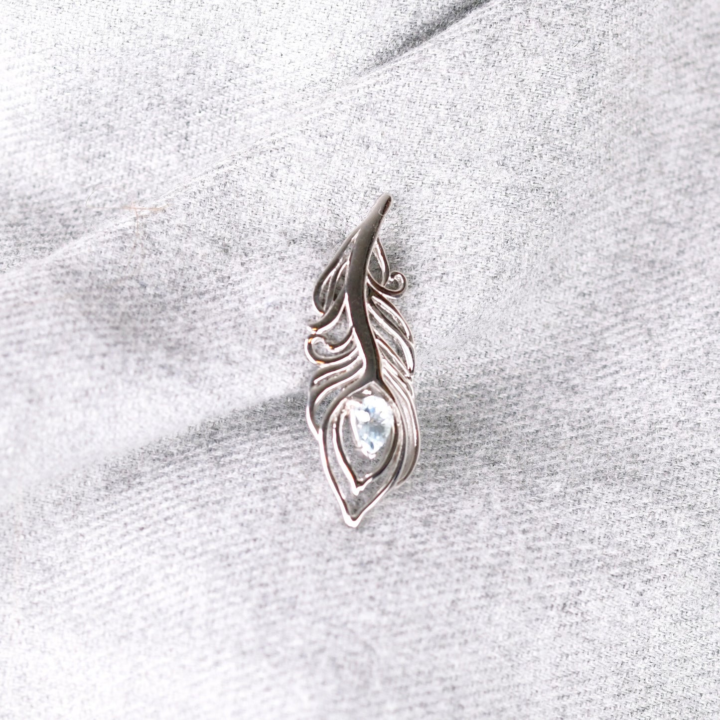 Aquamarine Sterling Silver Brooch Peacock Feather Boxed Gift